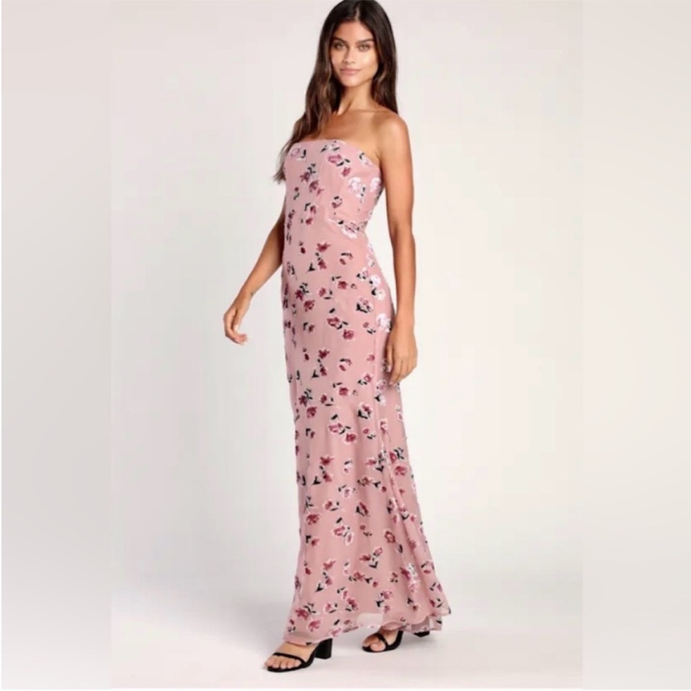 Lulus Always Dancing Mauve Floral Strapless Valentines Maxi Dress - Size XS